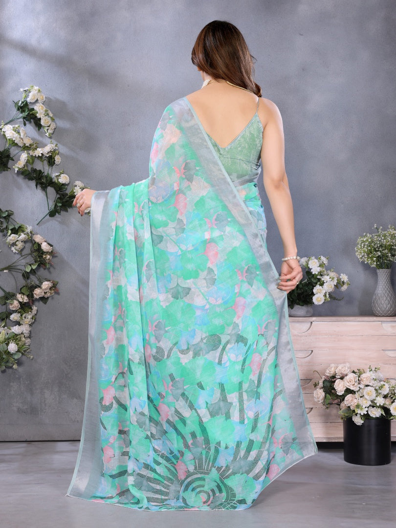 Elegant Firozi Lilan Patta Printed Saree with Matching Lilan Patta Blouse