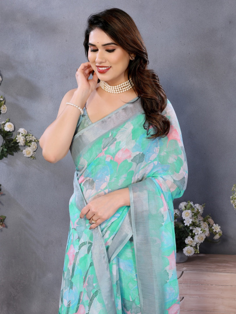 Elegant Firozi Lilan Patta Printed Saree with Matching Lilan Patta Blouse