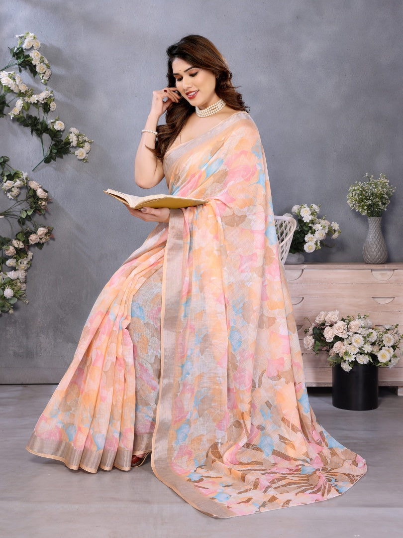 Graceful Peach Lilan Patta Printed Saree with Matching Lilan Patta Blouse