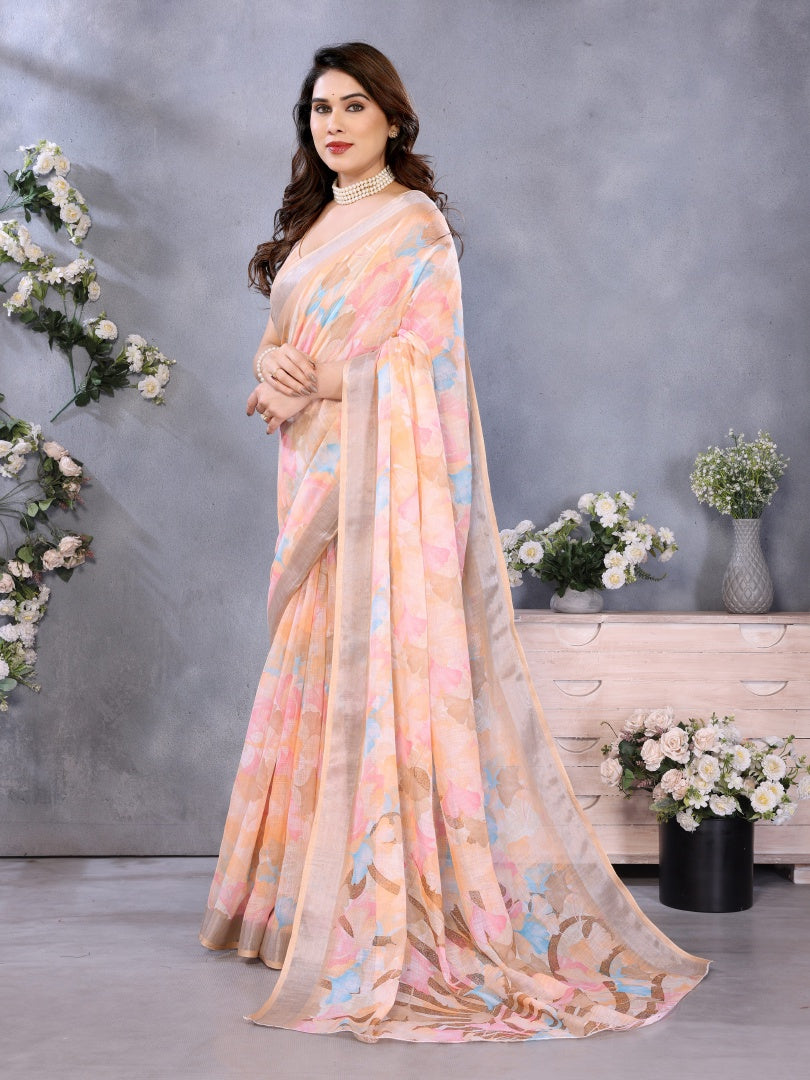 Graceful Peach Lilan Patta Printed Saree with Matching Lilan Patta Blouse