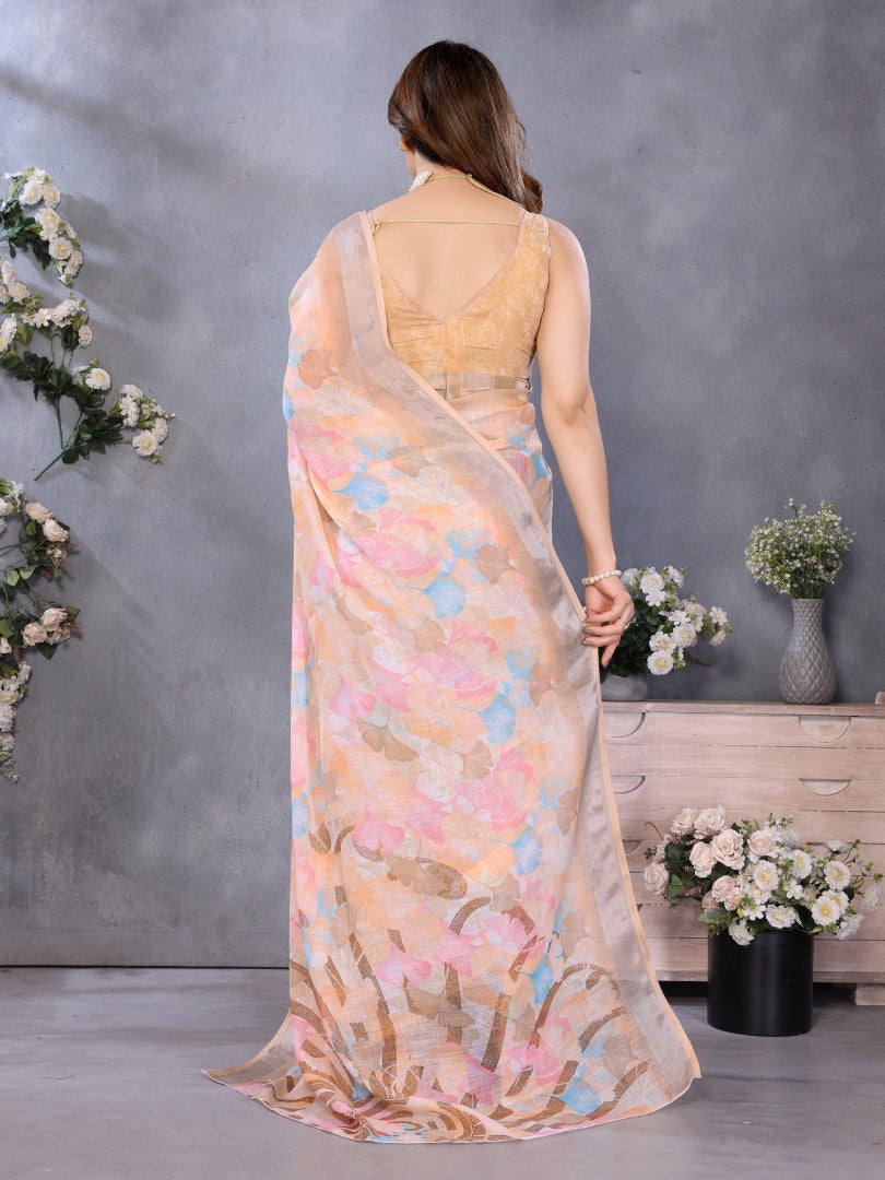 Graceful Peach Lilan Patta Printed Saree with Matching Lilan Patta Blouse