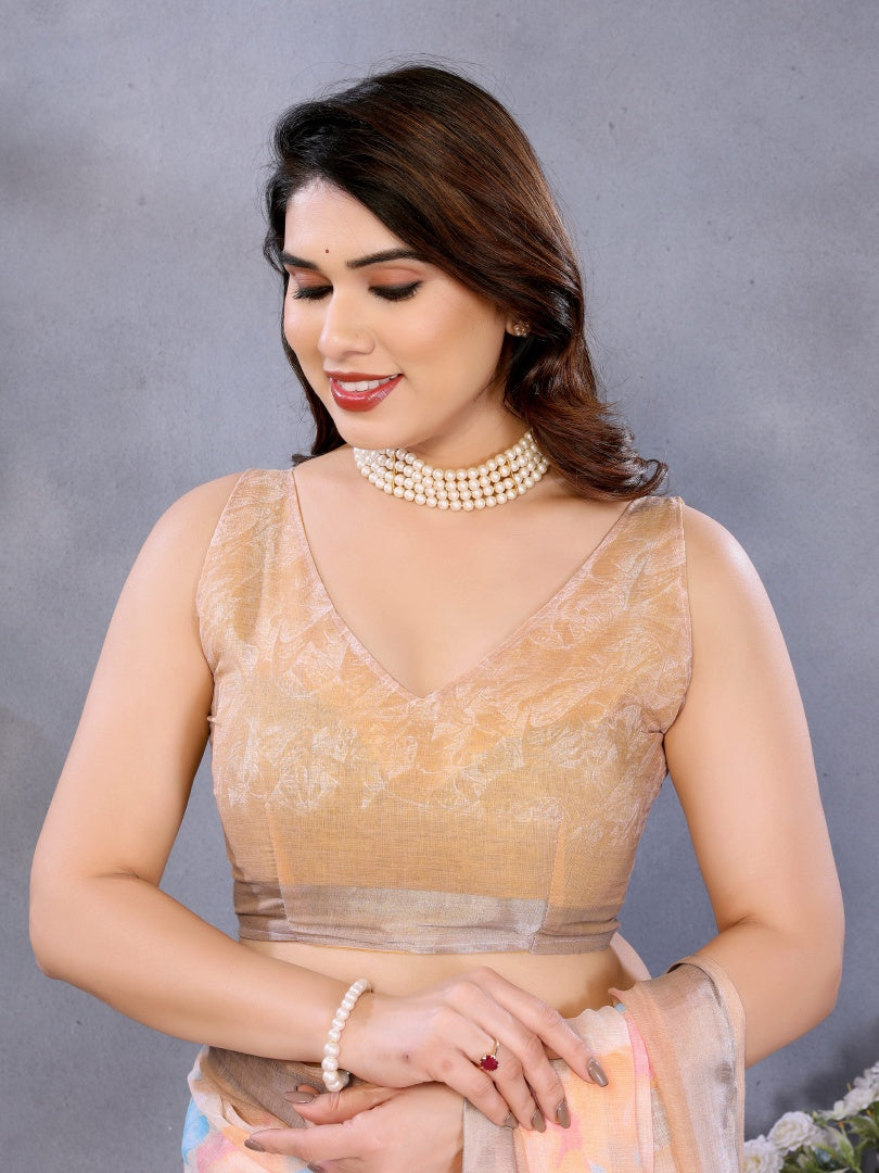 Graceful Peach Lilan Patta Printed Saree with Matching Lilan Patta Blouse