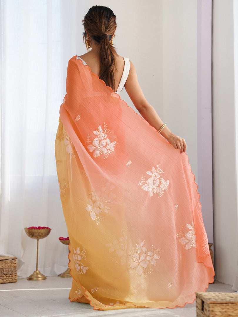 Elegant Orange Yellow Gold Crush Embroidery Work Saree with Roto Banglori Blouse