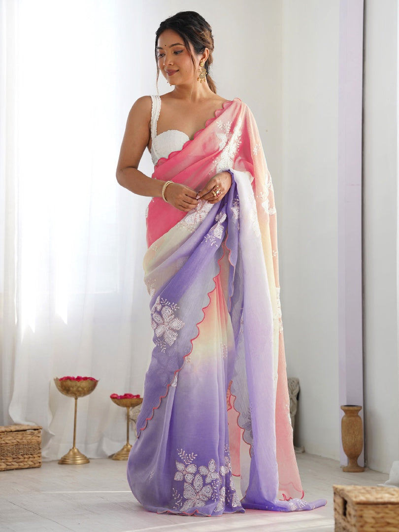 Beautiful Peach Lavender Gold Crush Embroidery Saree with Roto Banglori Blouse