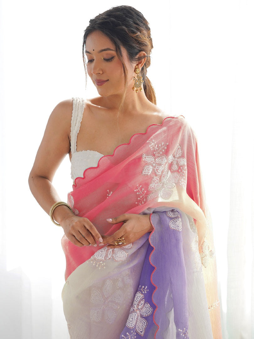 Beautiful Peach Lavender Gold Crush Embroidery Saree with Roto Banglori Blouse