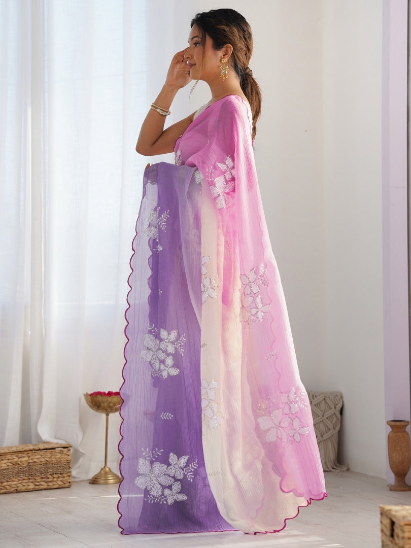 Graceful Pink Lavender Gold Crush Saree with Embroidery Work & Roto Banglori Blouse