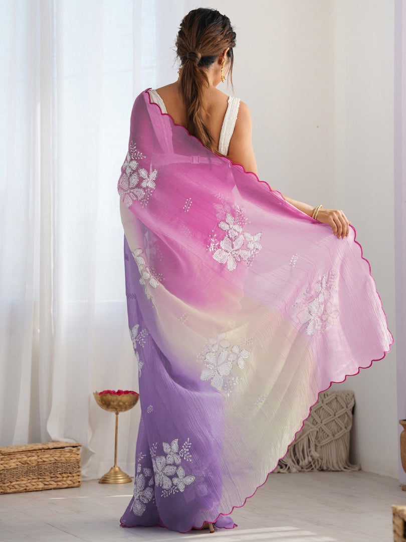 Graceful Pink Lavender Gold Crush Saree with Embroidery Work & Roto Banglori Blouse