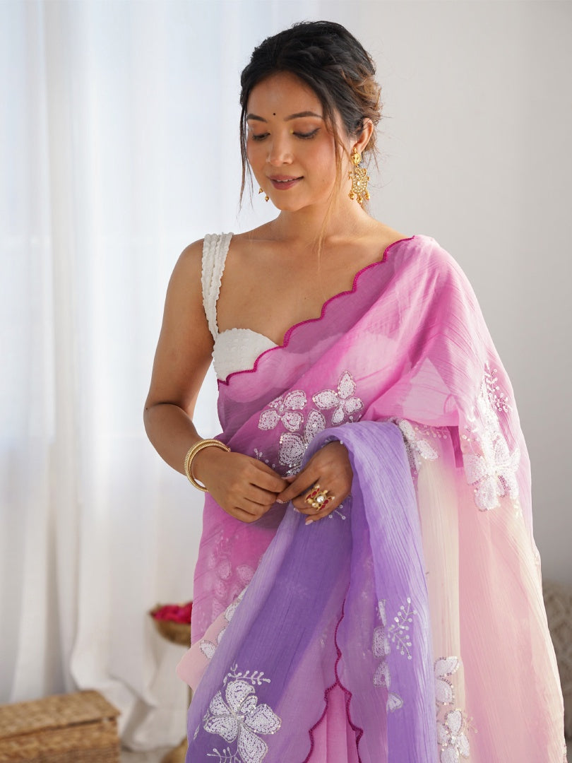 Graceful Pink Lavender Gold Crush Saree with Embroidery Work & Roto Banglori Blouse