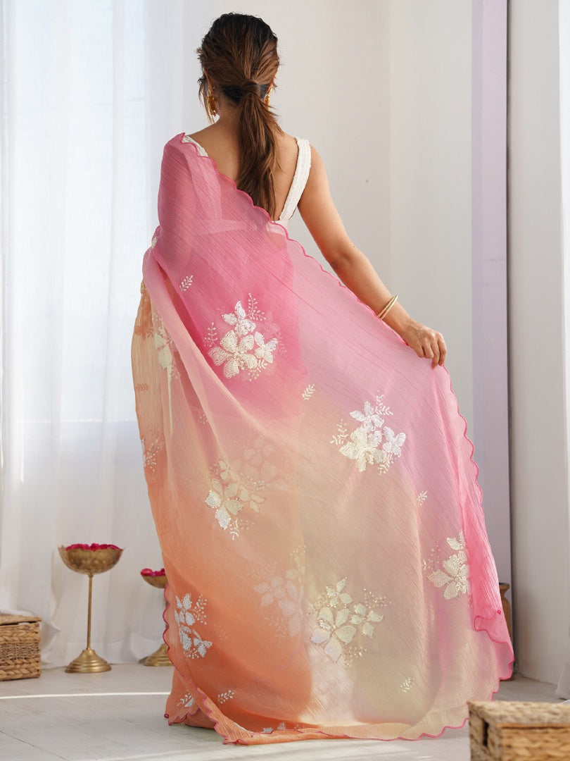 Vibrant Pink Orange Gold Crush Embroidery Saree with Premium Blouse