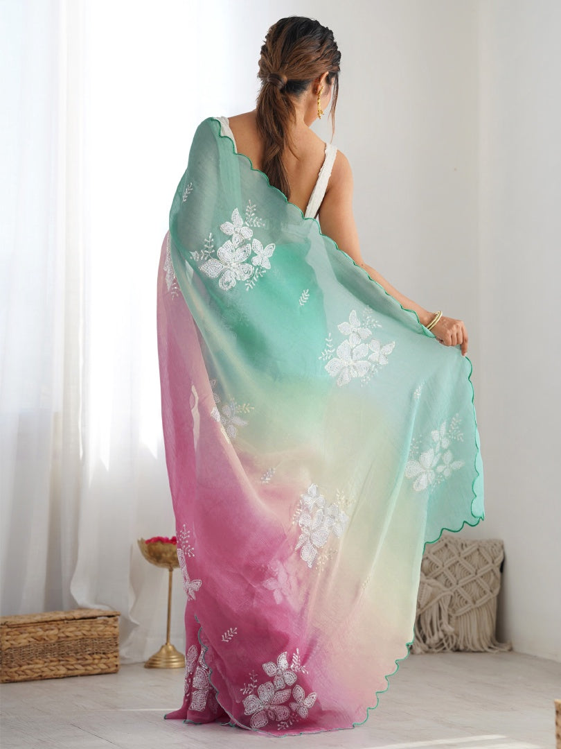 Stunning Rama Gold Crush Embroidery Saree with Roto Banglori Blouse