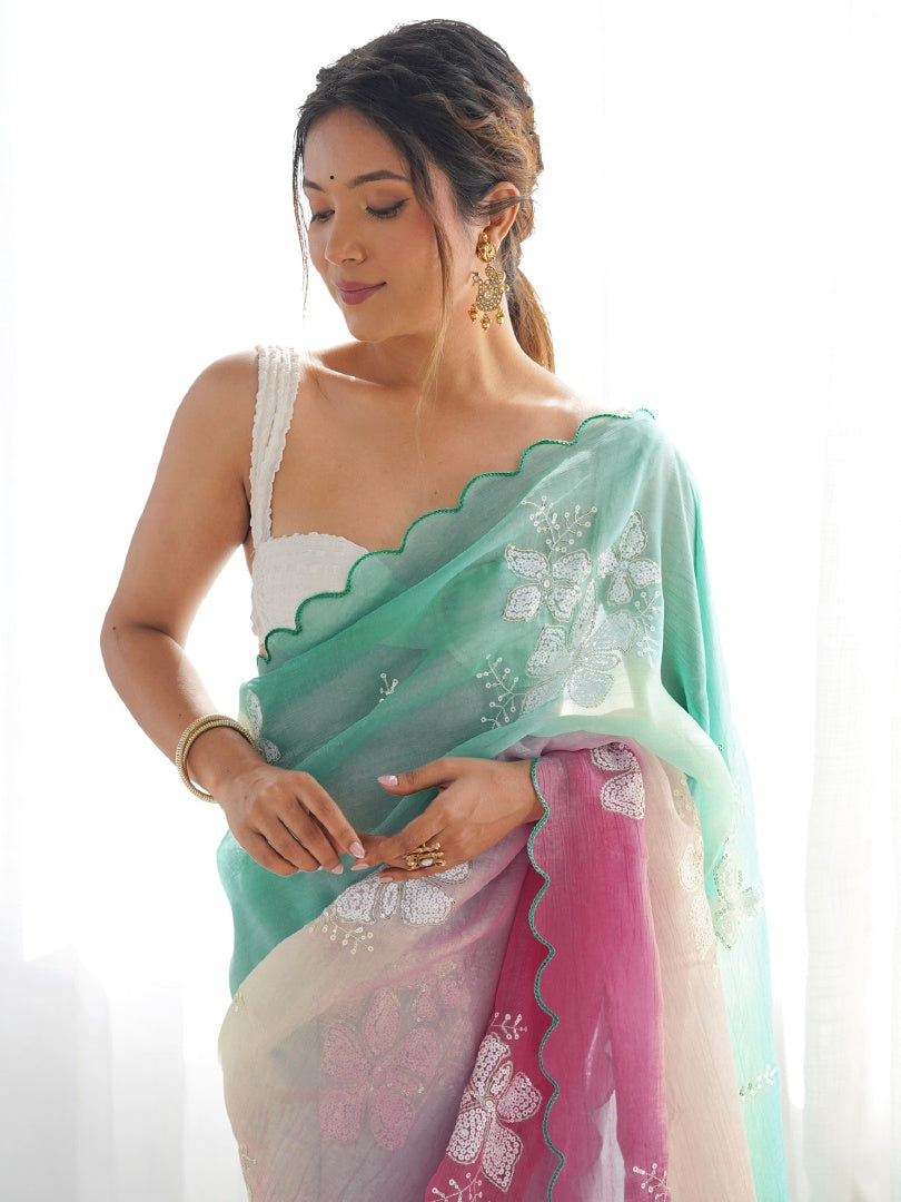 Stunning Rama Gold Crush Embroidery Saree with Roto Banglori Blouse