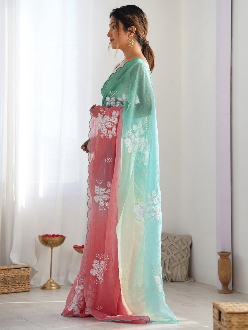 Elegant Rama Peach Gold Crush Embroidery Saree with Roto Banglori Blouse