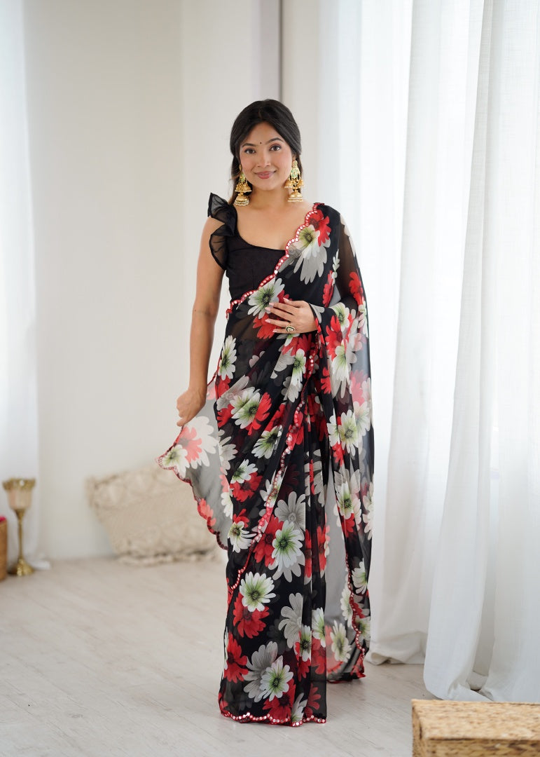 Elegant Black Georgette Printed Saree with Mirror Work & Matching Blouse