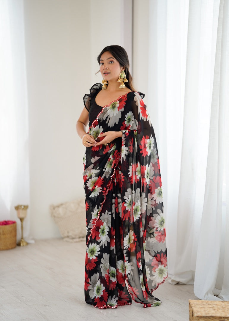 Elegant Black Georgette Printed Saree with Mirror Work & Matching Blouse