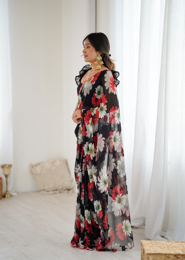 Elegant Black Georgette Printed Saree with Mirror Work & Matching Blouse