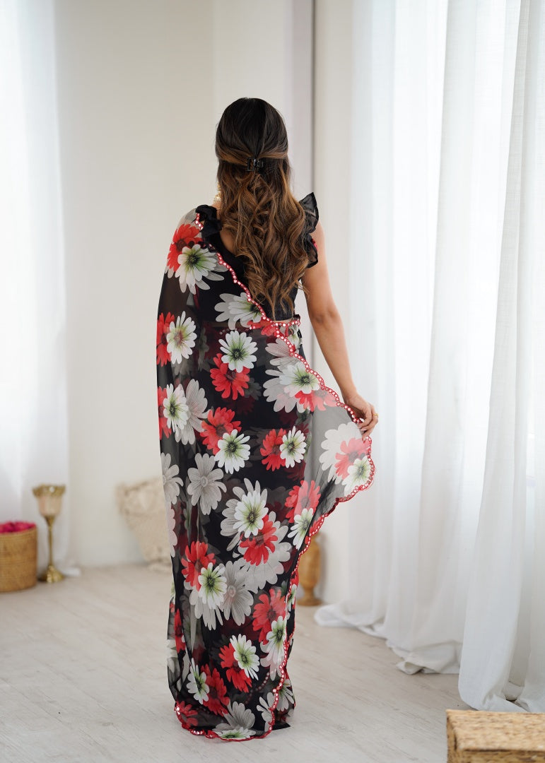 Elegant Black Georgette Printed Saree with Mirror Work & Matching Blouse