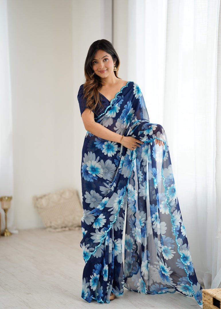 Beautiful Blue Georgette Printed Saree with Mirror Work & Matching Blouse