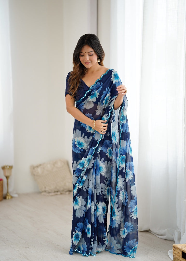 Beautiful Blue Georgette Printed Saree with Mirror Work & Matching Blouse