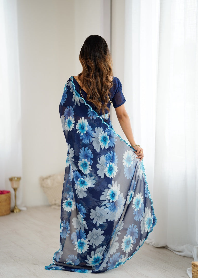 Beautiful Blue Georgette Printed Saree with Mirror Work & Matching Blouse