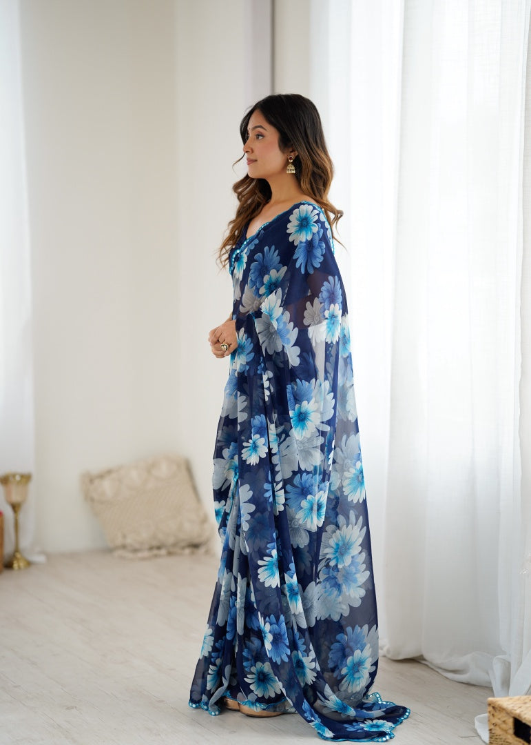Beautiful Blue Georgette Printed Saree with Mirror Work & Matching Blouse