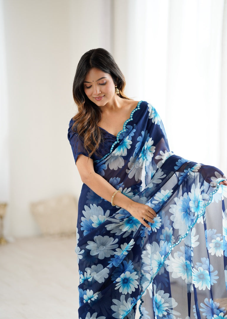 Beautiful Blue Georgette Printed Saree with Mirror Work & Matching Blouse