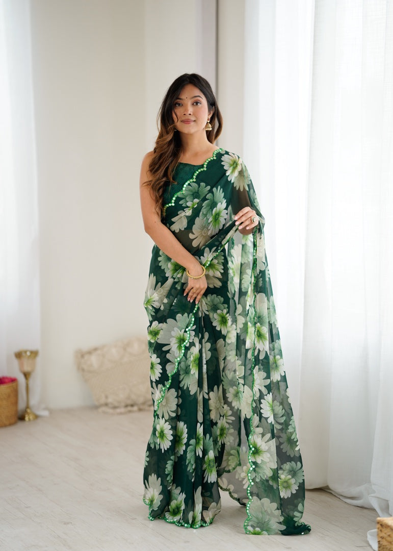 Refreshing Green Georgette Printed Saree with Mirror Work & Matching Blouse