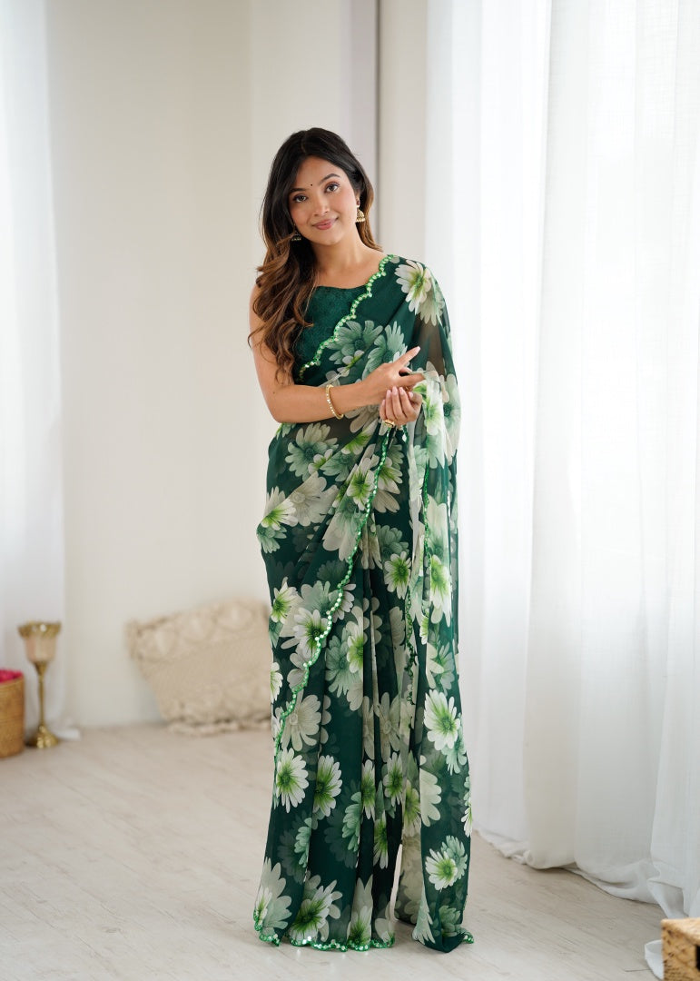 Refreshing Green Georgette Printed Saree with Mirror Work & Matching Blouse