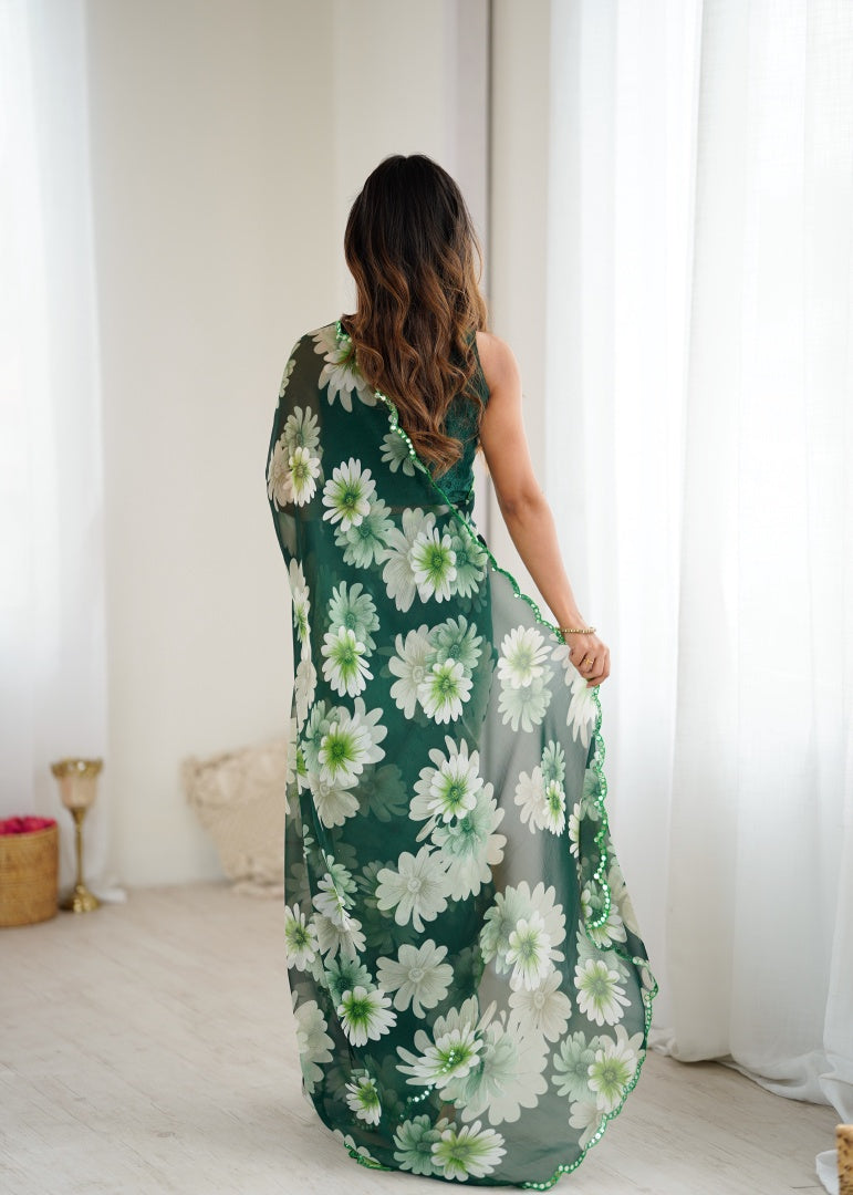 Refreshing Green Georgette Printed Saree with Mirror Work & Matching Blouse