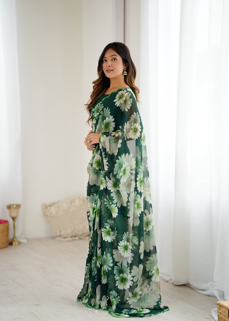 Refreshing Green Georgette Printed Saree with Mirror Work & Matching Blouse