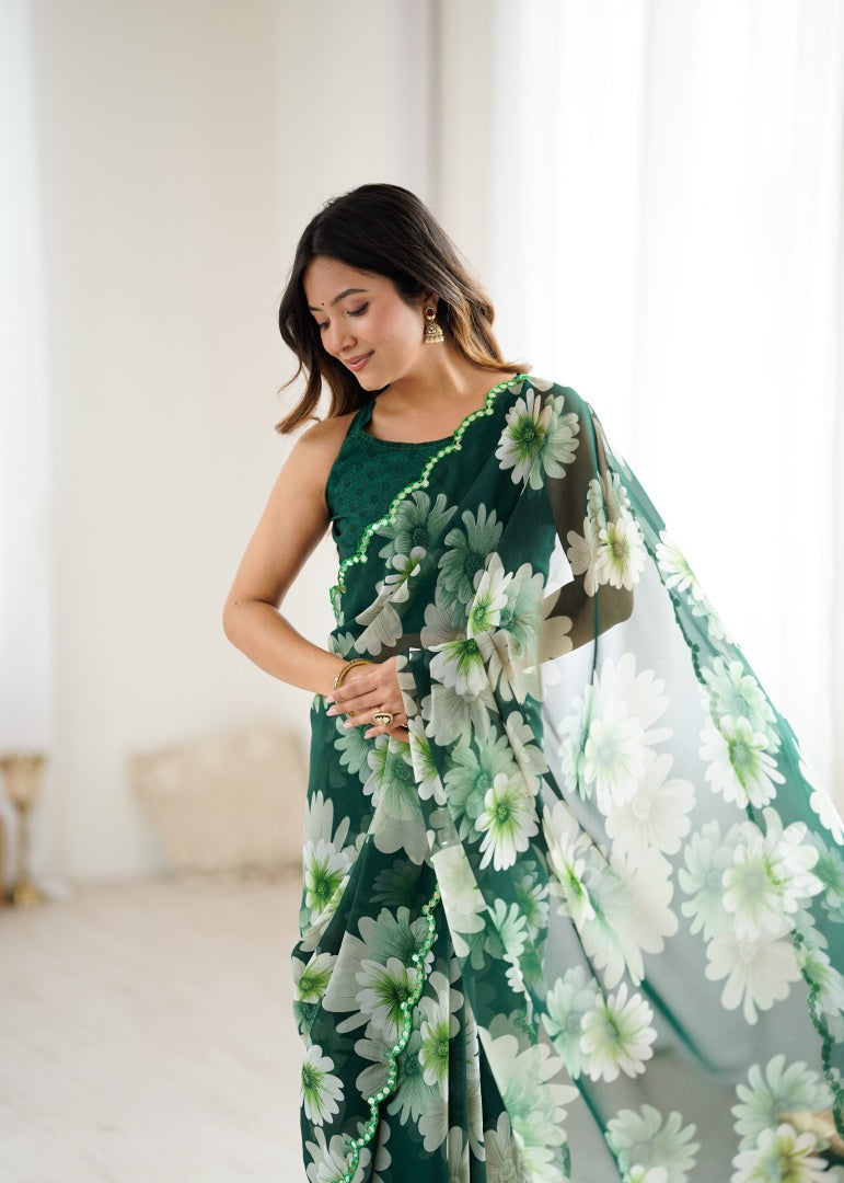 Refreshing Green Georgette Printed Saree with Mirror Work & Matching Blouse