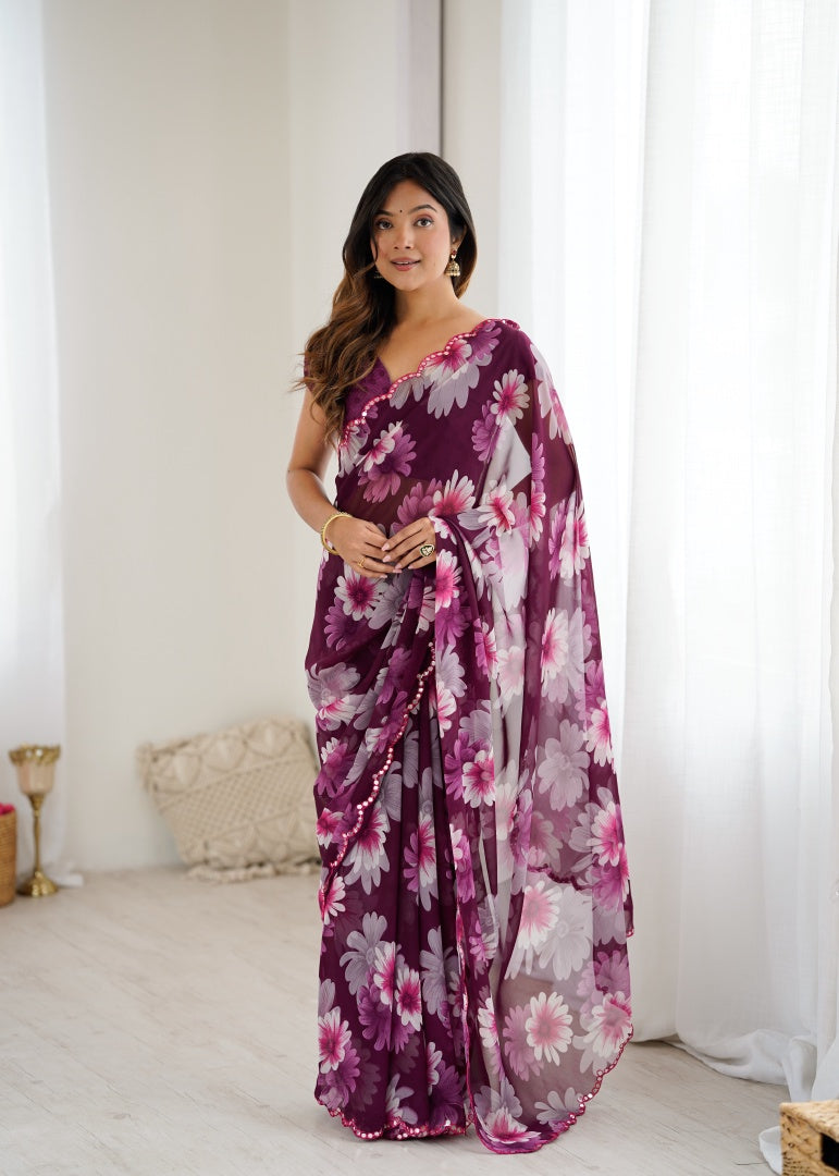 Graceful Purple Georgette Printed Saree with Mirror Work & Matching Blouse