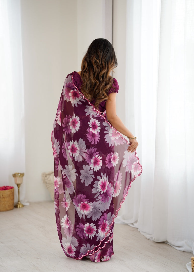 Graceful Purple Georgette Printed Saree with Mirror Work & Matching Blouse