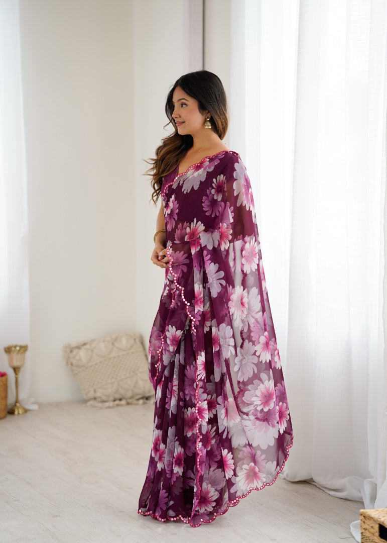 Graceful Purple Georgette Printed Saree with Mirror Work & Matching Blouse