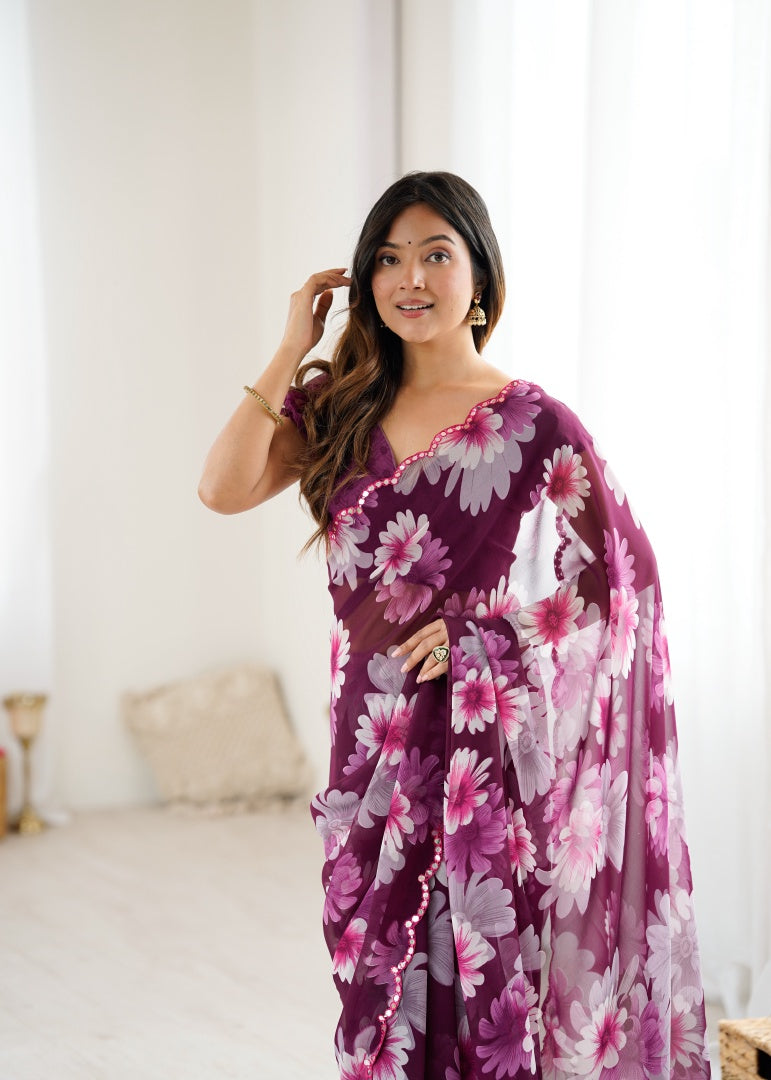 Graceful Purple Georgette Printed Saree with Mirror Work & Matching Blouse
