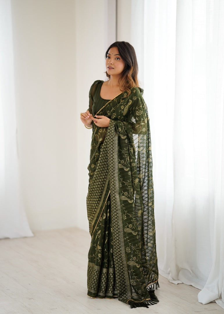 Elegant Mehendi Georgette Patta Saree with Foil Work, Small Lace & Zalar Lace
