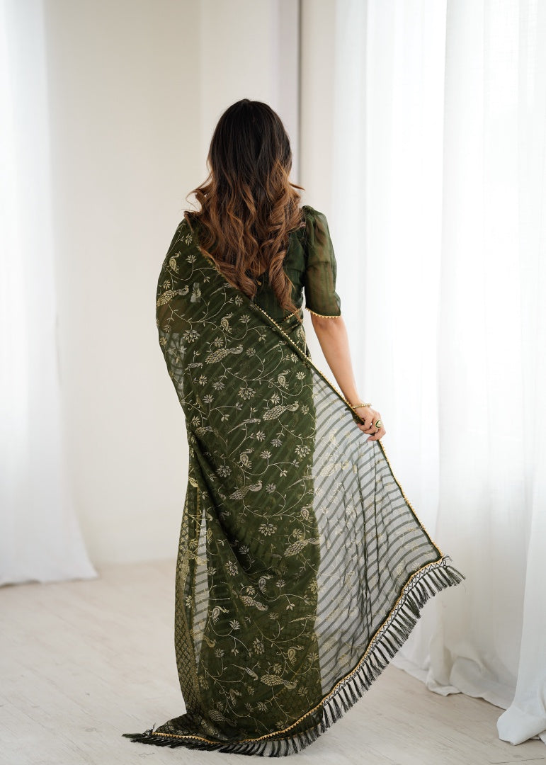 Elegant Mehendi Georgette Patta Saree with Foil Work, Small Lace & Zalar Lace