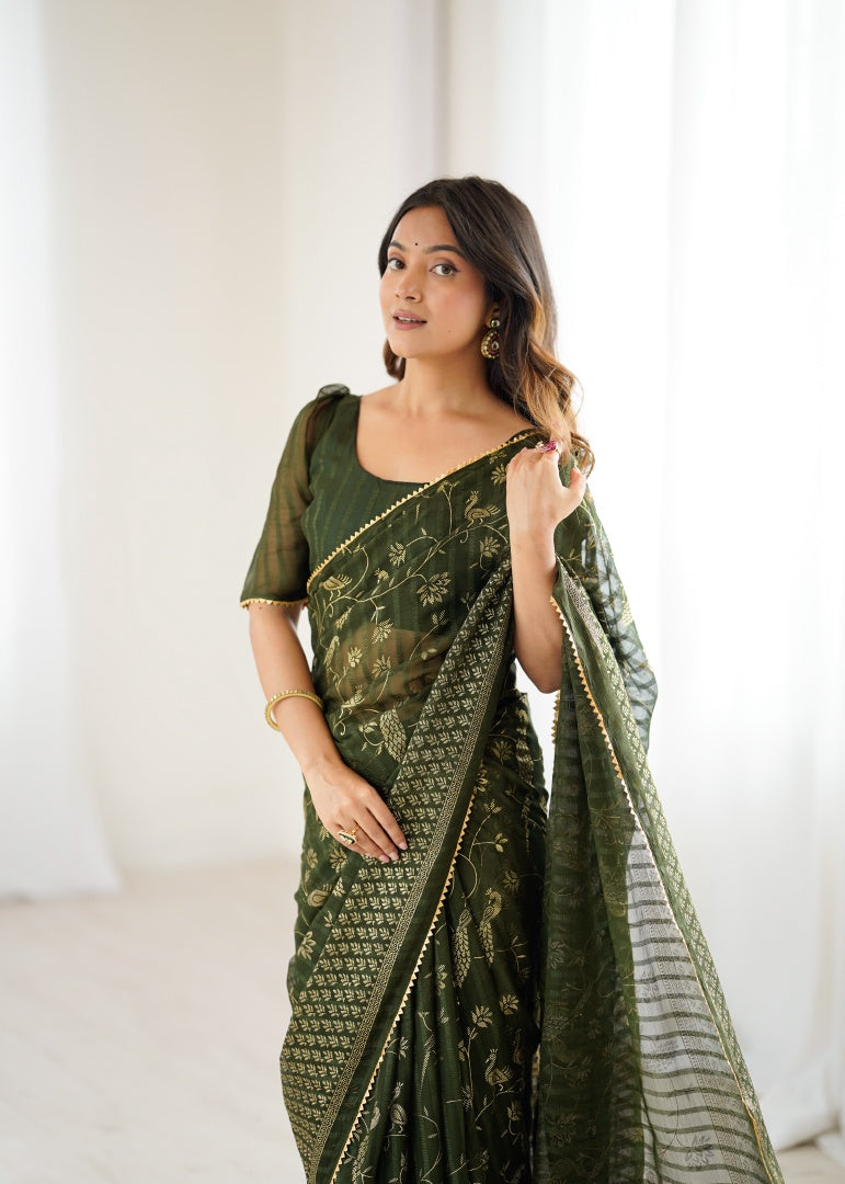 Elegant Mehendi Georgette Patta Saree with Foil Work, Small Lace & Zalar Lace