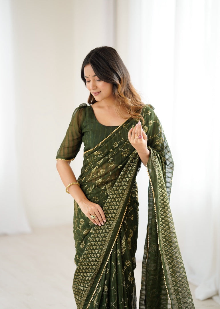 Elegant Mehendi Georgette Patta Saree with Foil Work, Small Lace & Zalar Lace