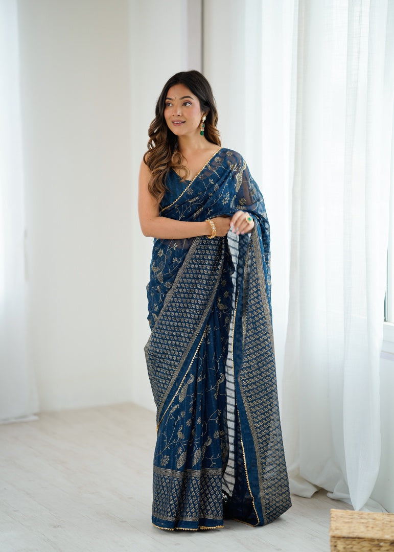 Beautiful Morpich Georgette Patta Saree with Foil Work, Small Lace & Zalar Lace