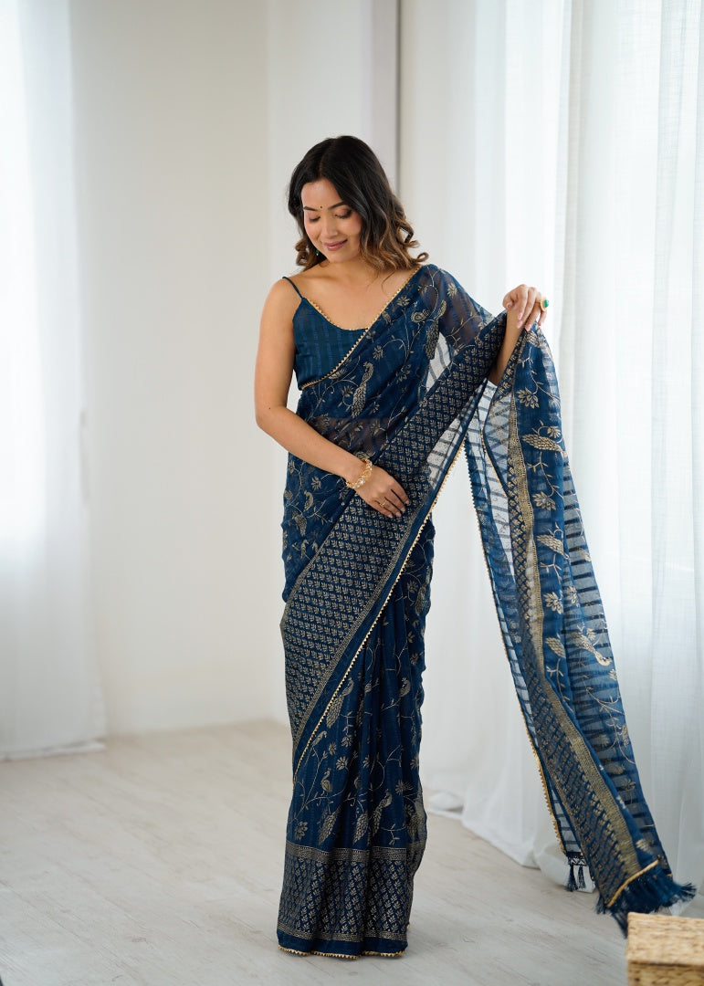 Beautiful Morpich Georgette Patta Saree with Foil Work, Small Lace & Zalar Lace