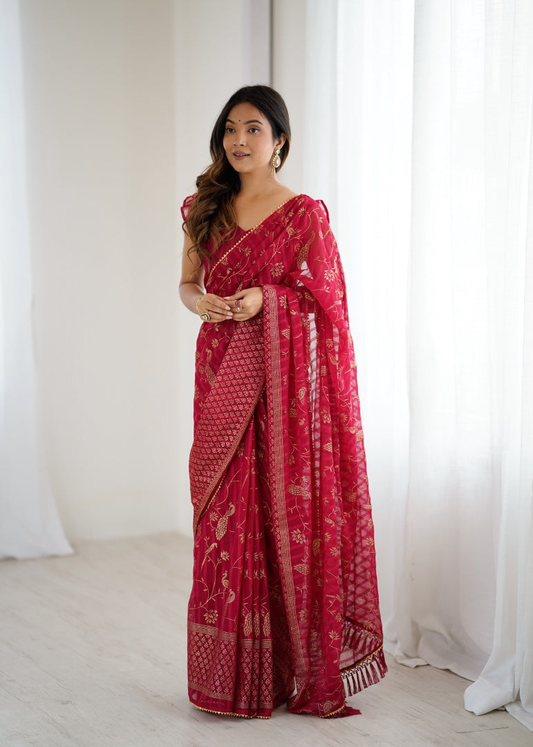 Charming Pink Georgette Patta Saree with Foil Work, Small Lace & Zalar Lace