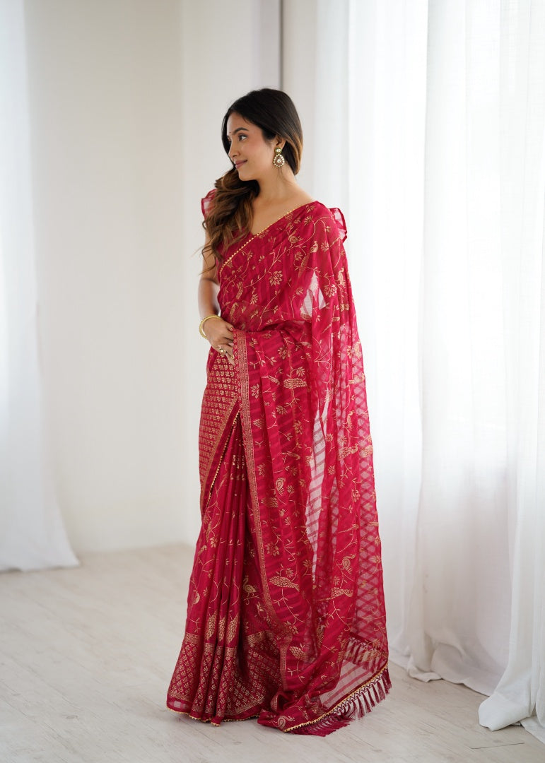 Charming Pink Georgette Patta Saree with Foil Work, Small Lace & Zalar Lace