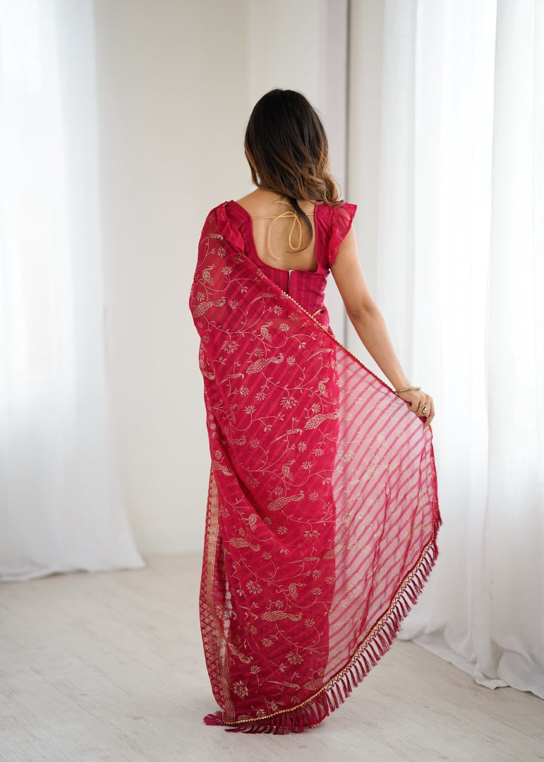 Charming Pink Georgette Patta Saree with Foil Work, Small Lace & Zalar Lace
