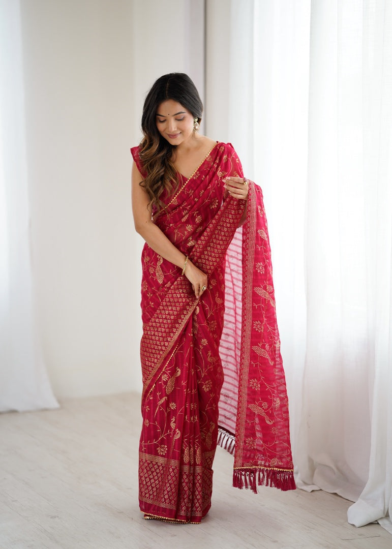 Charming Pink Georgette Patta Saree with Foil Work, Small Lace & Zalar Lace
