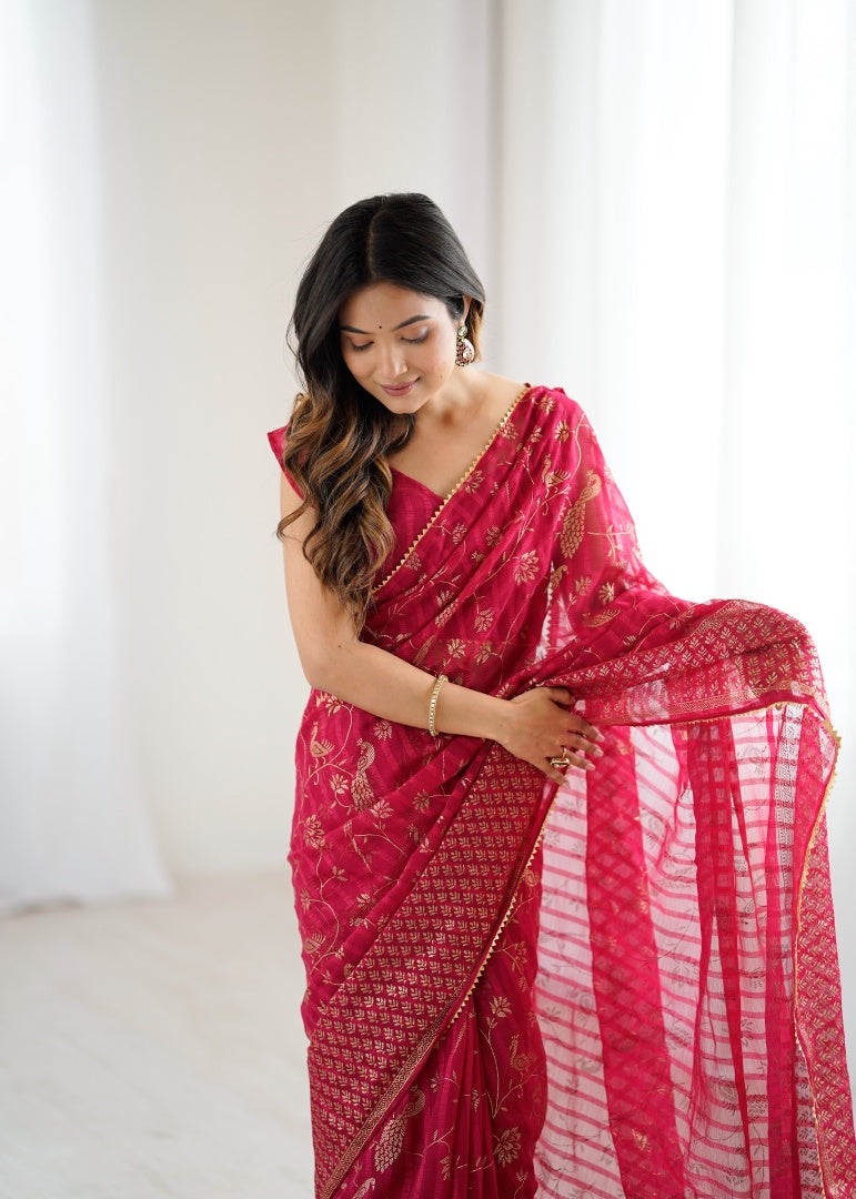 Charming Pink Georgette Patta Saree with Foil Work, Small Lace & Zalar Lace