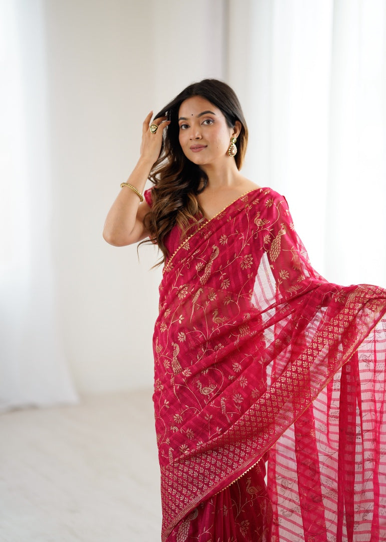 Charming Pink Georgette Patta Saree with Foil Work, Small Lace & Zalar Lace