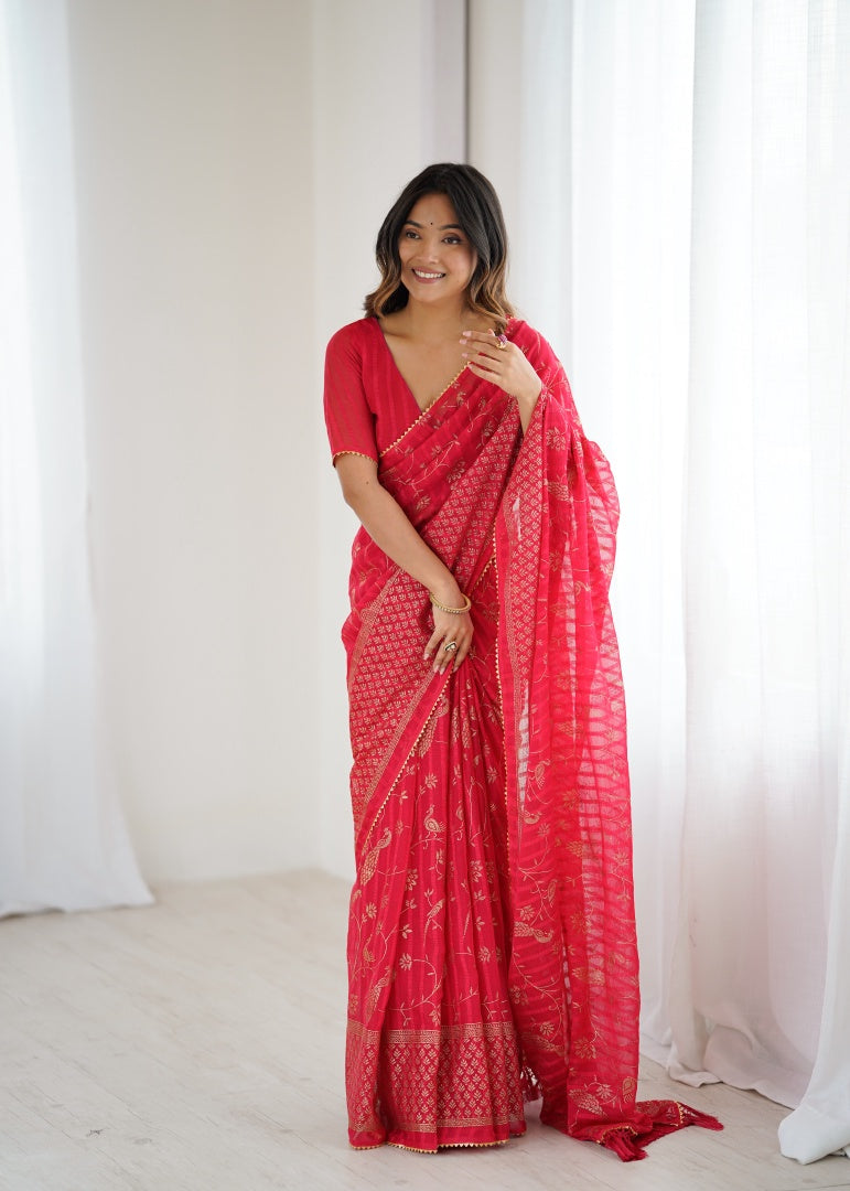 Classic Red Georgette Patta Saree with Foil Work, Small Lace & Zalar Lace