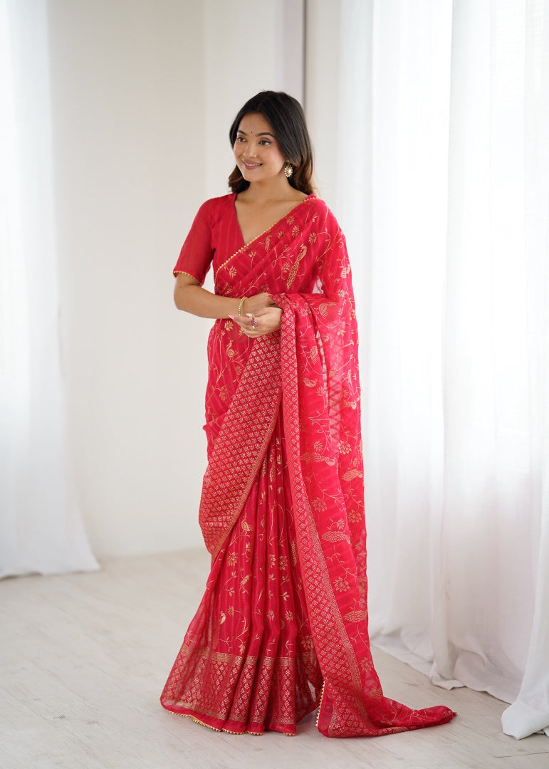 Classic Red Georgette Patta Saree with Foil Work, Small Lace & Zalar Lace