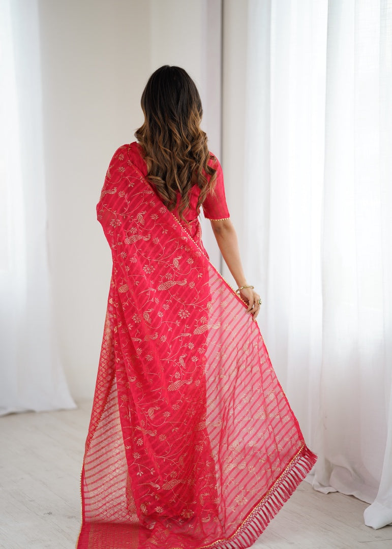 Classic Red Georgette Patta Saree with Foil Work, Small Lace & Zalar Lace