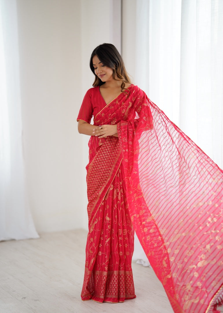 Classic Red Georgette Patta Saree with Foil Work, Small Lace & Zalar Lace